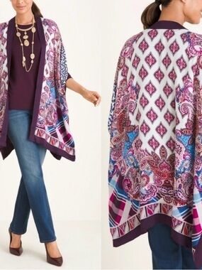 Chico's NWT Purple Paisley & Geometric Print Open Front Kimono, Womens size S/M